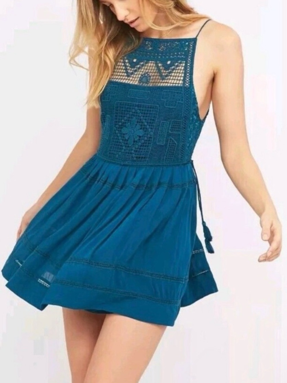 Free People Emily Crochet Mini Dress in Teal. MAKE ME AN OFFER! - Picture 2 of 5